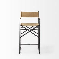 27" Brown And Black Leather And Metal Bar Chair