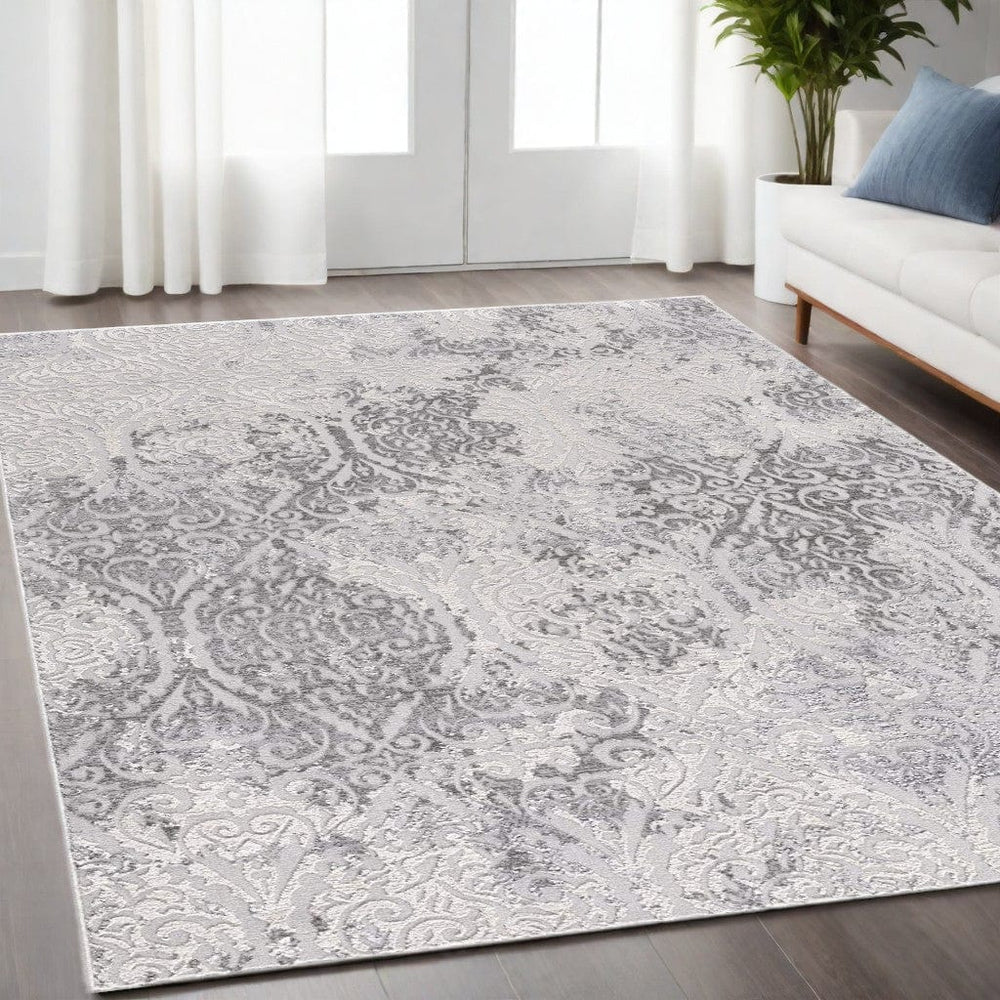 5' X 8' Cream And Gray Tinted Ogee Pattern Area Rug - Homeroots