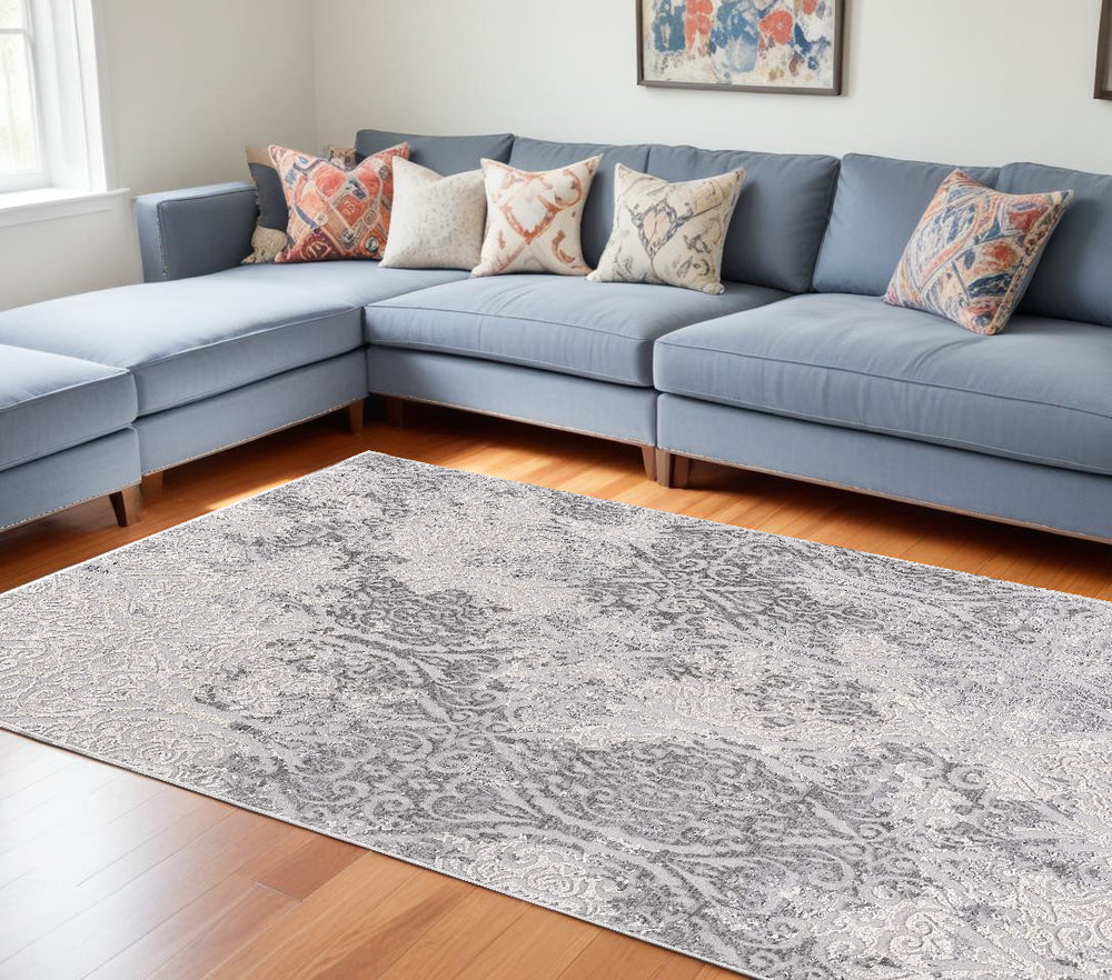 8' X 11' Cream And Gray Tinted Ogee Pattern Area Rug - Homeroots