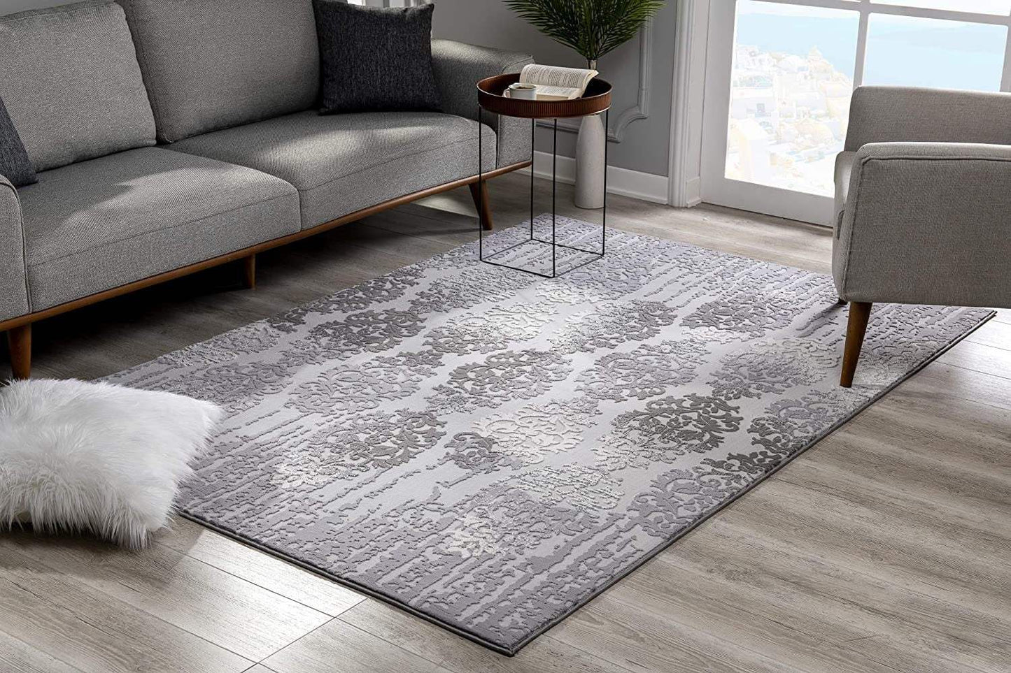 8' X 10' Gray Damask Power Loom Area Rug - Homeroots - Flyclothing LLC