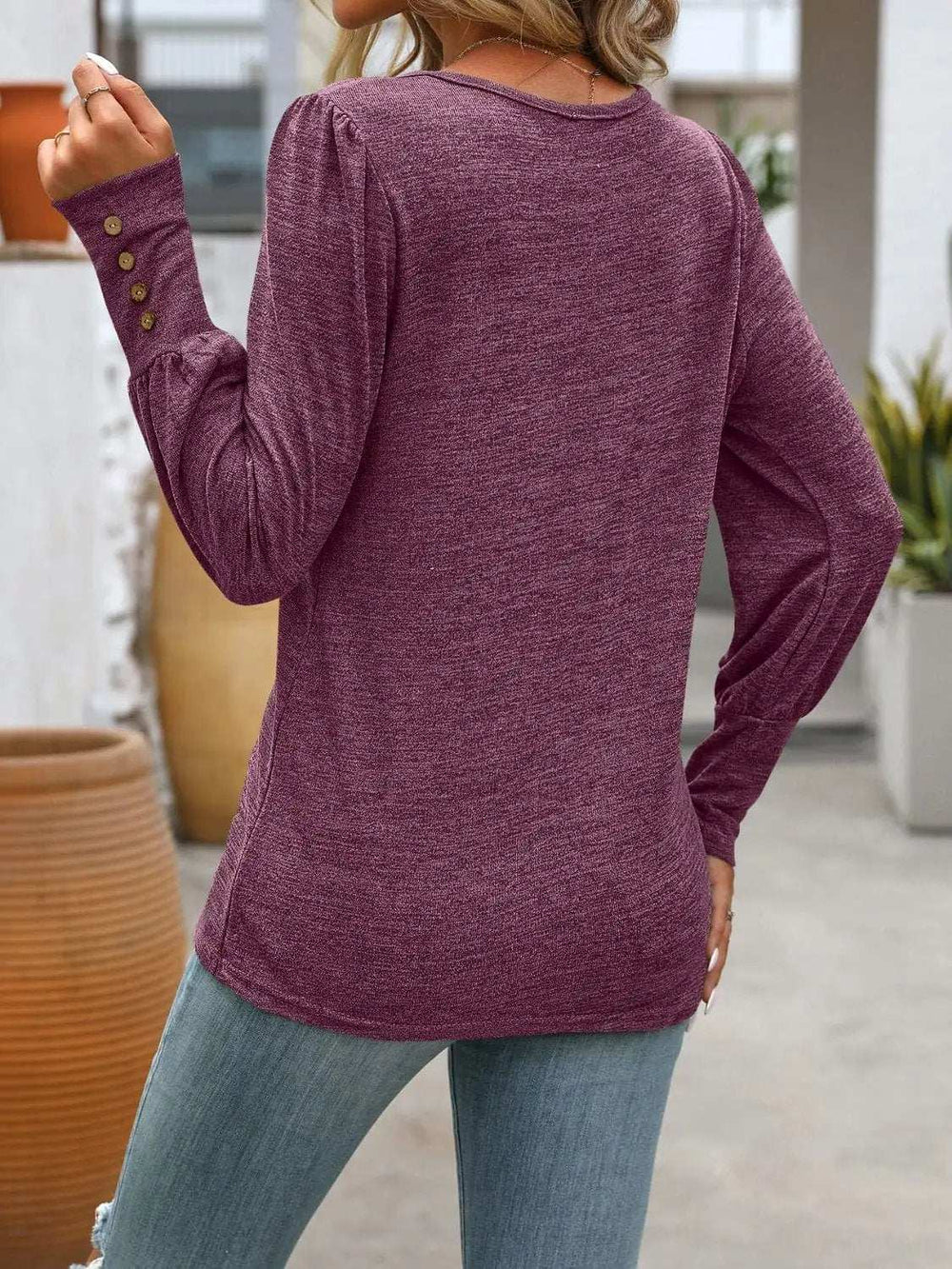 Decorative Button Round Neck Long Sleeve T-Shirt - Trendsi - Flyclothing LLC