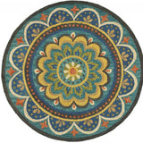 4' Blue and Orange Round Wool Floral Medallion Hand Tufted Area Rug - Homeroots - Flyclothing LLC
