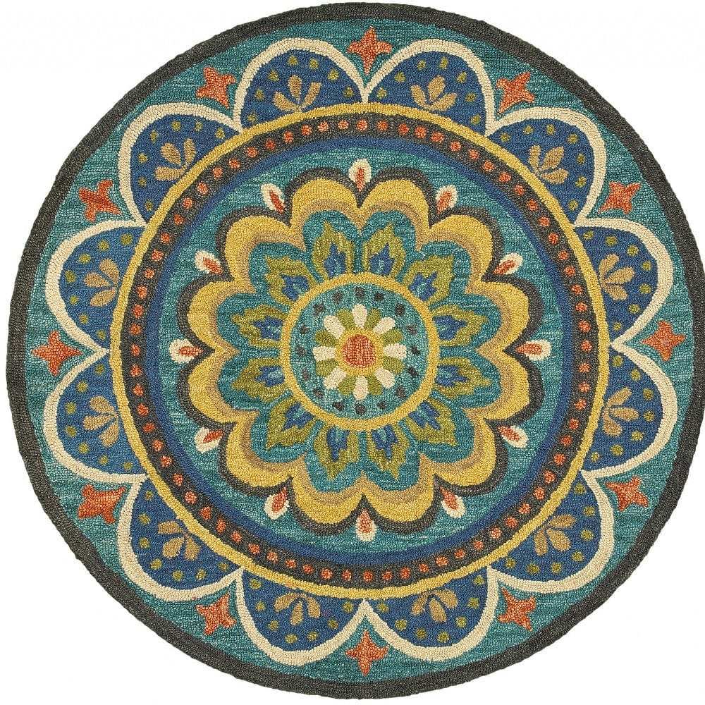 4' Blue and Orange Round Wool Floral Medallion Hand Tufted Area Rug - Homeroots - Flyclothing LLC