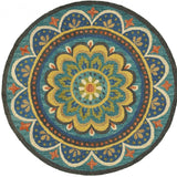 4' Blue and Orange Round Wool Floral Medallion Hand Tufted Area Rug - Homeroots