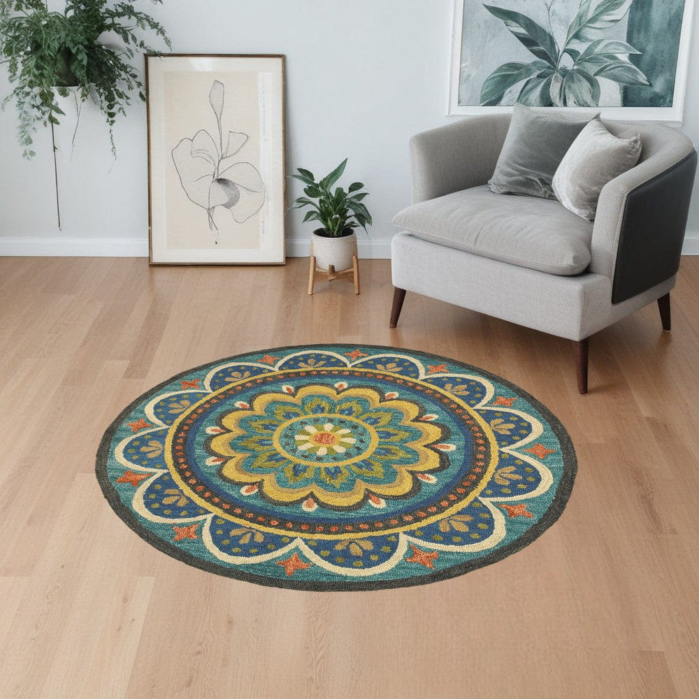 4' Blue and Orange Round Wool Floral Medallion Hand Tufted Area Rug - Homeroots