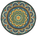 4' Blue and Orange Round Wool Floral Medallion Hand Tufted Area Rug - Homeroots
