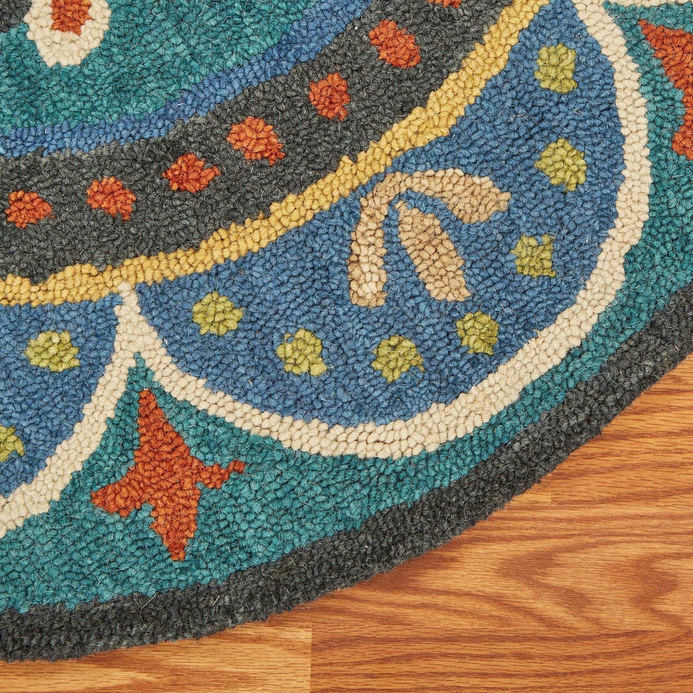4' Blue and Orange Round Wool Floral Medallion Hand Tufted Area Rug - Homeroots - Flyclothing LLC