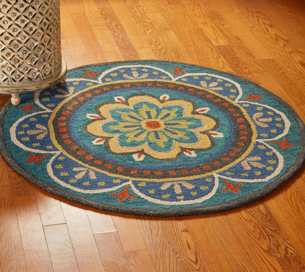 4' Blue and Orange Round Wool Floral Medallion Hand Tufted Area Rug - Homeroots - Flyclothing LLC