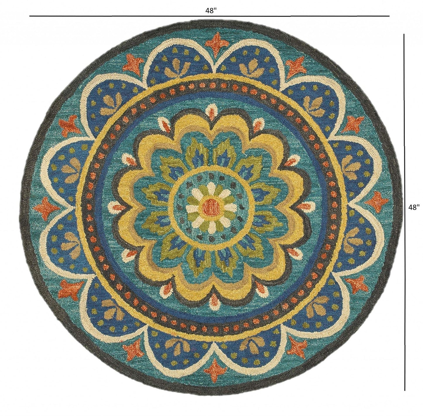 4' Blue and Orange Round Wool Floral Medallion Hand Tufted Area Rug - Homeroots - Flyclothing LLC