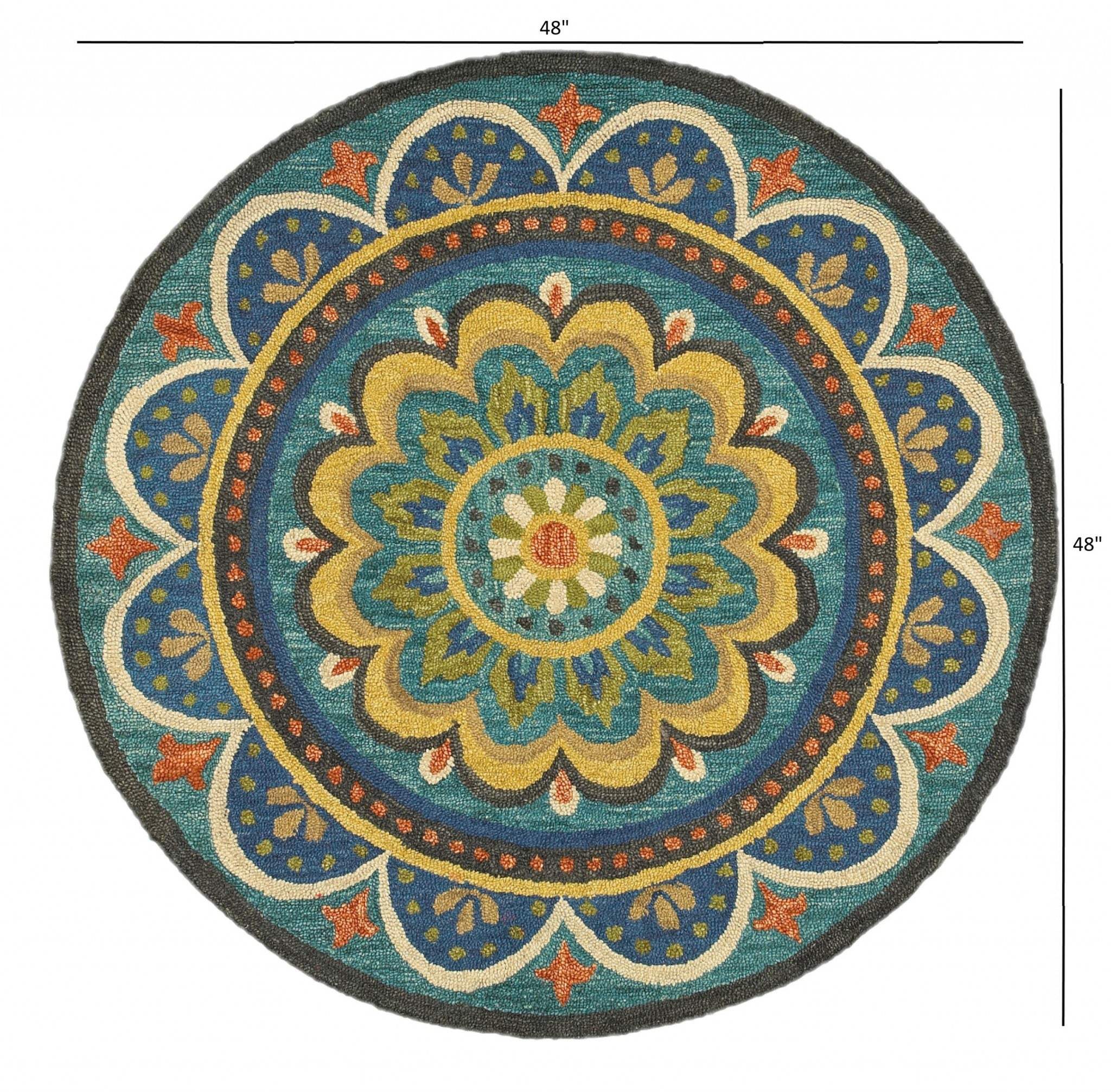 4' Blue and Orange Round Wool Floral Medallion Hand Tufted Area Rug - Homeroots - Flyclothing LLC