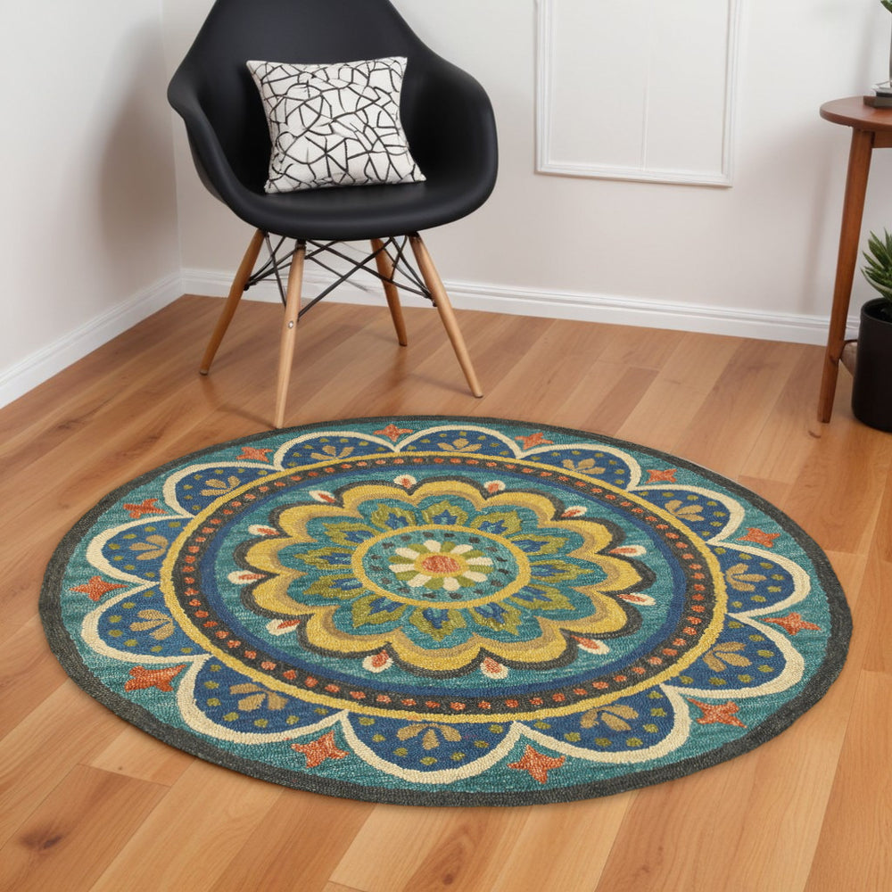 6' Blue Round Wool Geometric Hand Tufted Area Rug - Homeroots