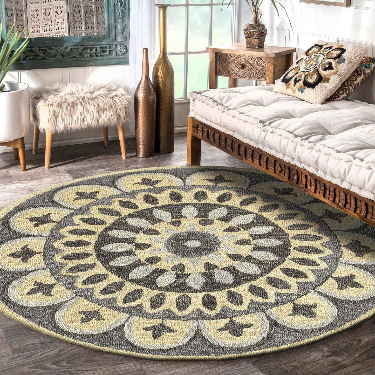 4' Round Gray Floral Bloom Area Rug - Homeroots - Flyclothing LLC