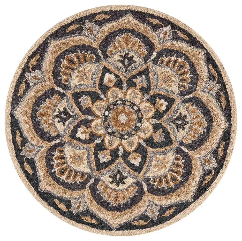 4' Round Black Flower Blossom Area Rug - Homeroots