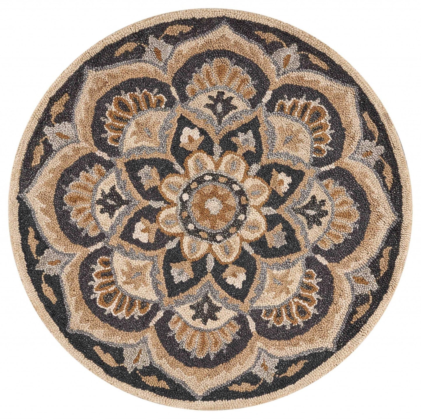 6' Black and Tan Round Wool Floral Medallion Hand Tufted Area Rug - Homeroots - Flyclothing LLC