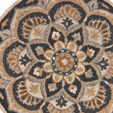 6' Black and Tan Round Wool Floral Medallion Hand Tufted Area Rug - Homeroots