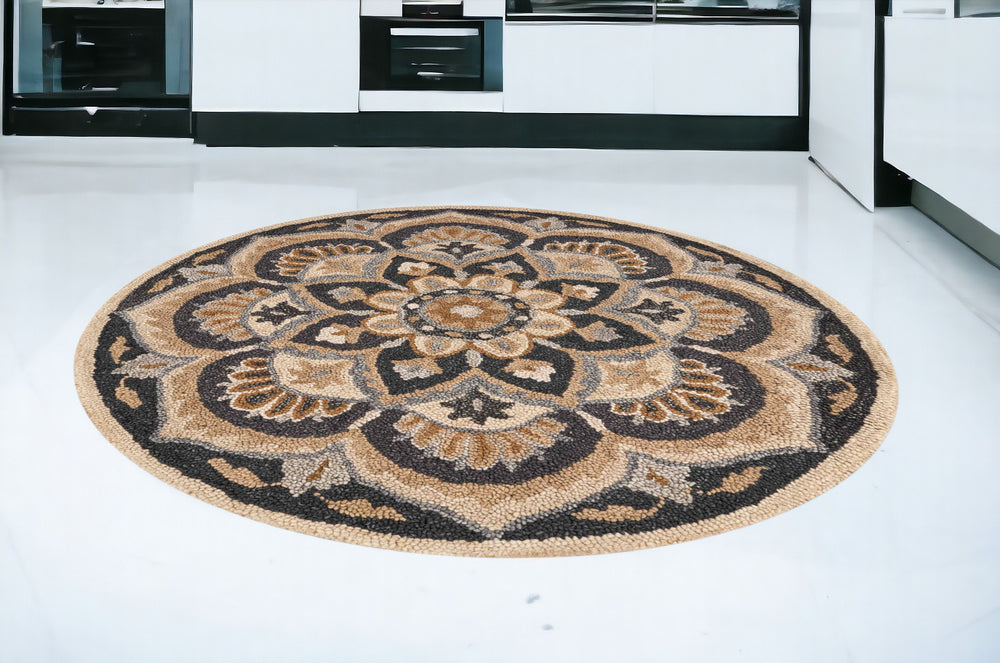 6' Black and Tan Round Wool Floral Medallion Hand Tufted Area Rug - Homeroots