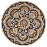 6' Black and Tan Round Wool Floral Medallion Hand Tufted Area Rug - Homeroots