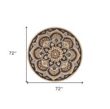 6' Black and Tan Round Wool Floral Medallion Hand Tufted Area Rug - Homeroots