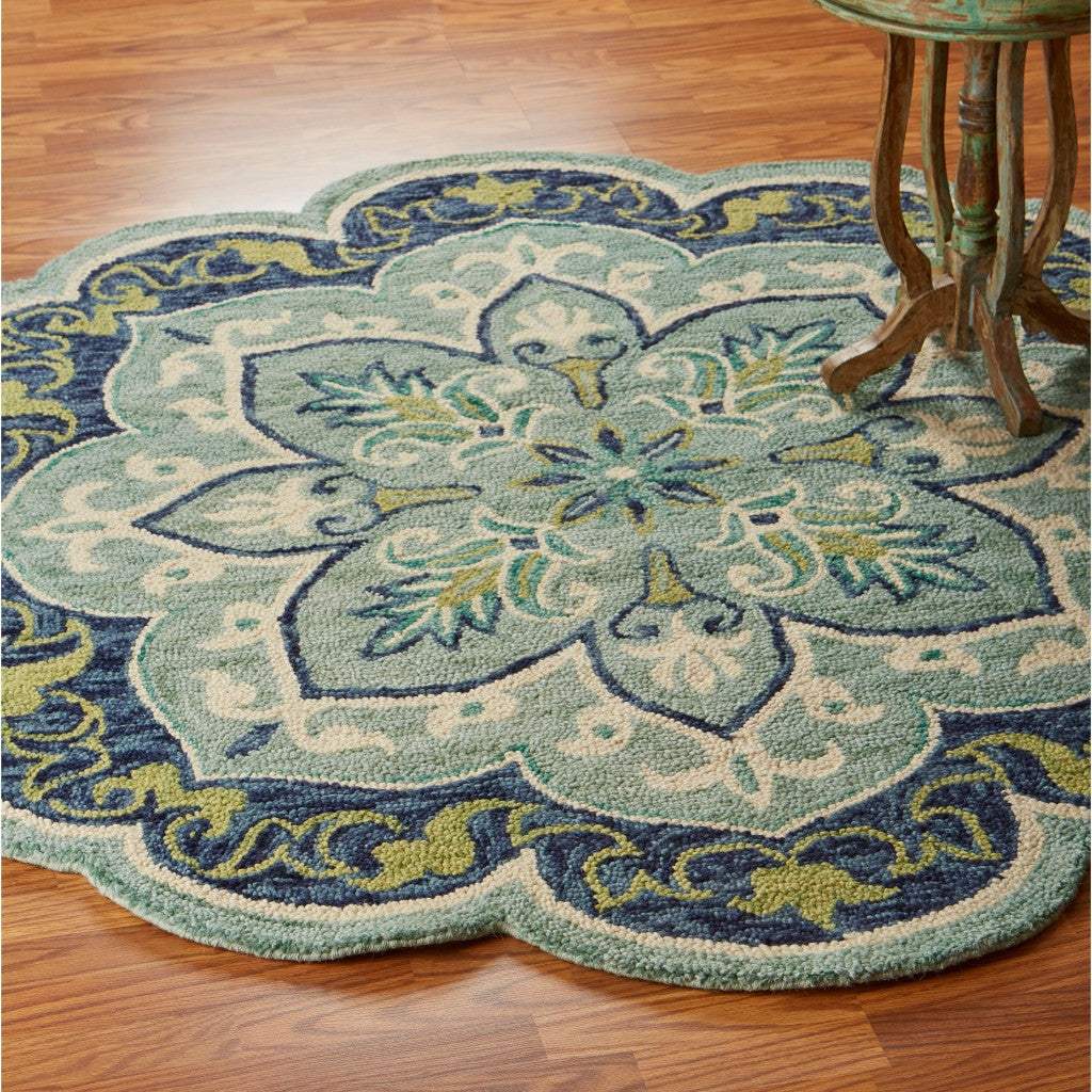 6' Blue And Green Round Wool Geometric Hand Tufted Area Rug - Homeroots - Flyclothing LLC