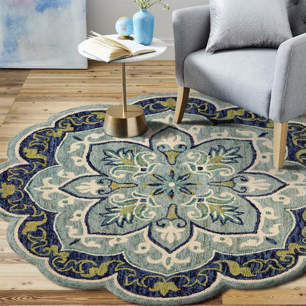 6' Blue And Green Round Wool Geometric Hand Tufted Area Rug - Homeroots - Flyclothing LLC