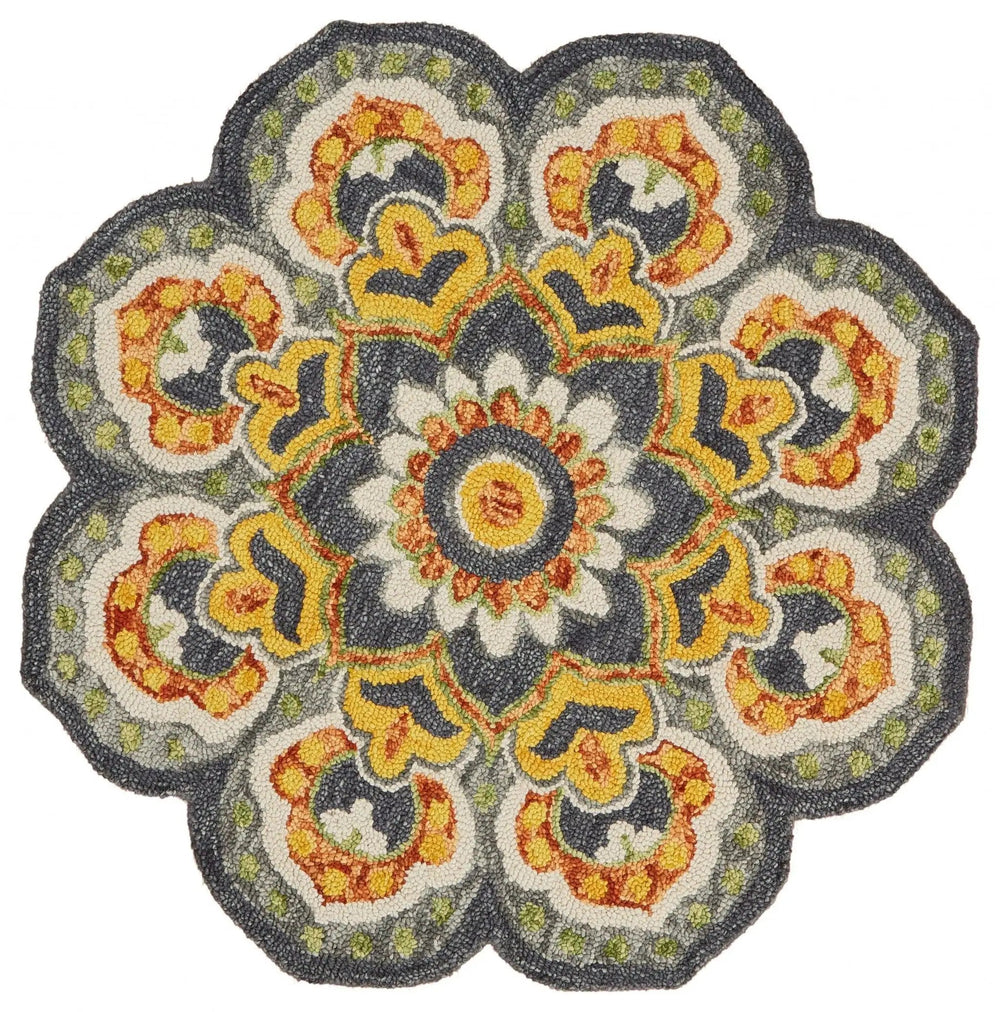 4' Round Gray And Gold Floret Area Rug - Homeroots