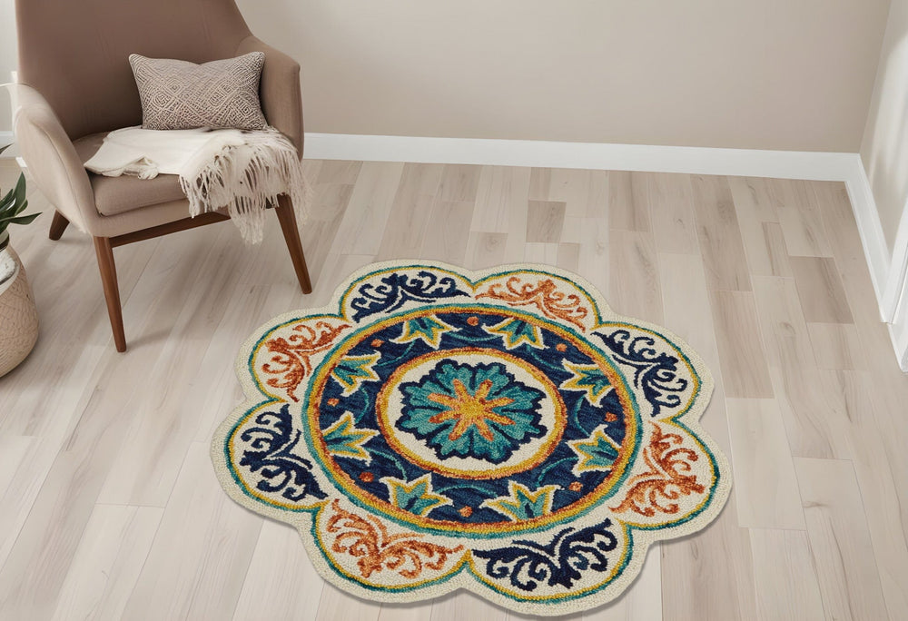4' Round Ivory And Navy Decorative Area Rug - Homeroots