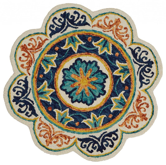 4' Round Ivory And Navy Decorative Area Rug - Homeroots - Flyclothing LLC