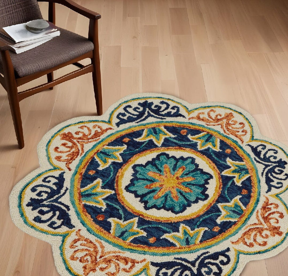 6' Ivory Round Wool Geometric Hand Tufted Area Rug - Homeroots