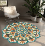 4' Round Blue And Orange Medallion Area Rug - Homeroots