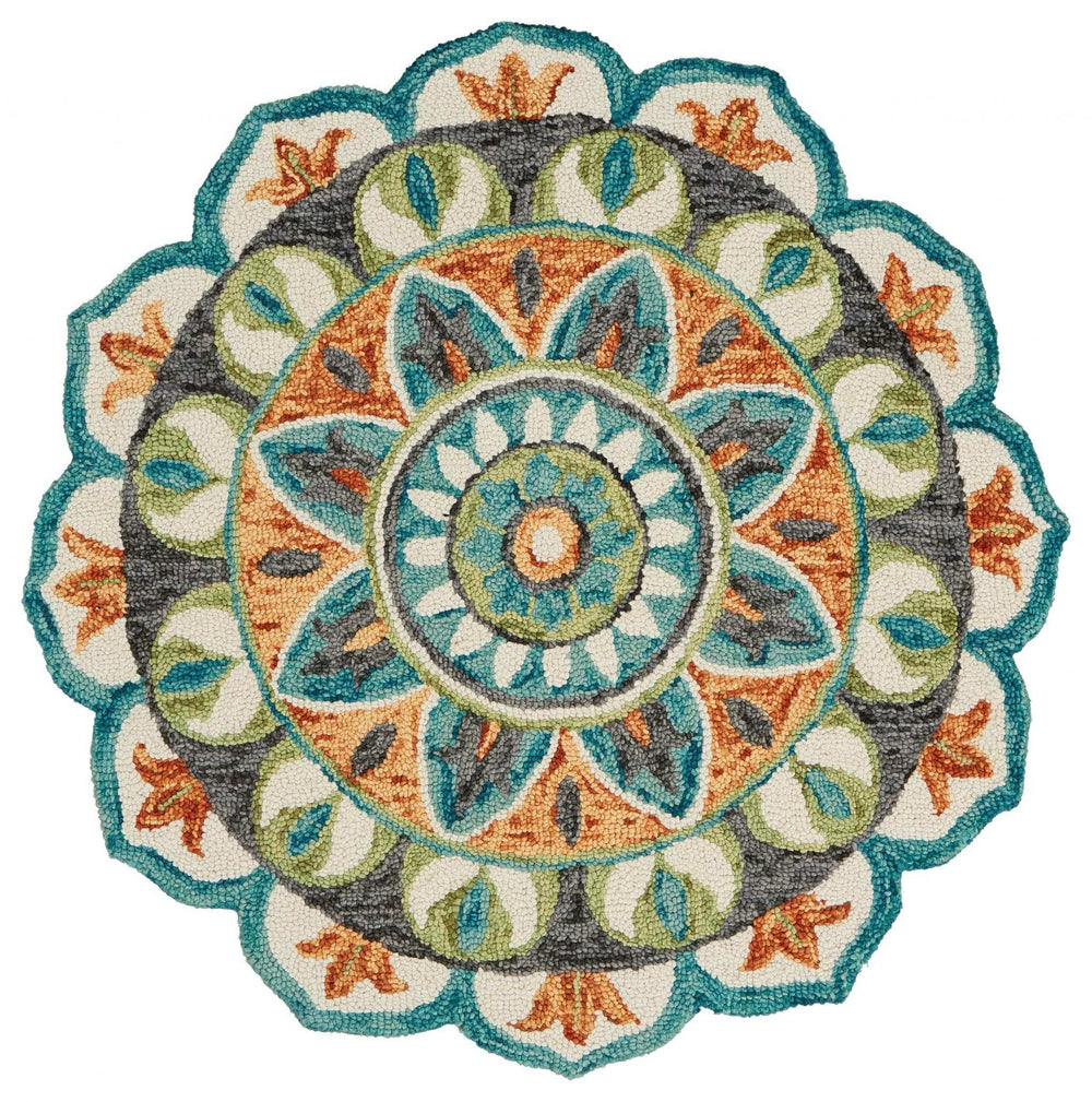 4' Round Blue And Orange Medallion Area Rug - Homeroots - Flyclothing LLC