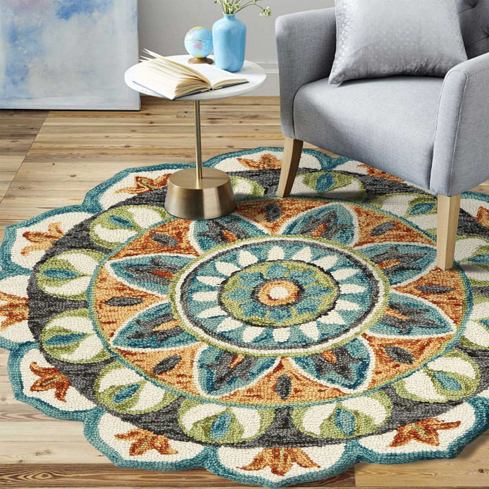4' Round Blue And Orange Medallion Area Rug - Homeroots - Flyclothing LLC