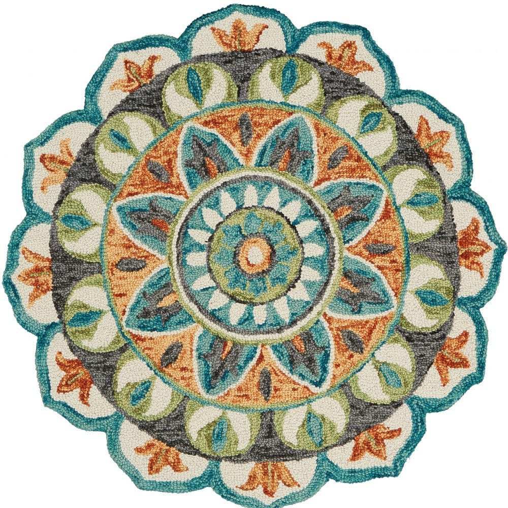 6' Blue And Green Round Wool Geometric Hand Tufted Area Rug - Homeroots - Flyclothing LLC