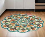 6' Blue And Green Round Wool Geometric Hand Tufted Area Rug - Homeroots