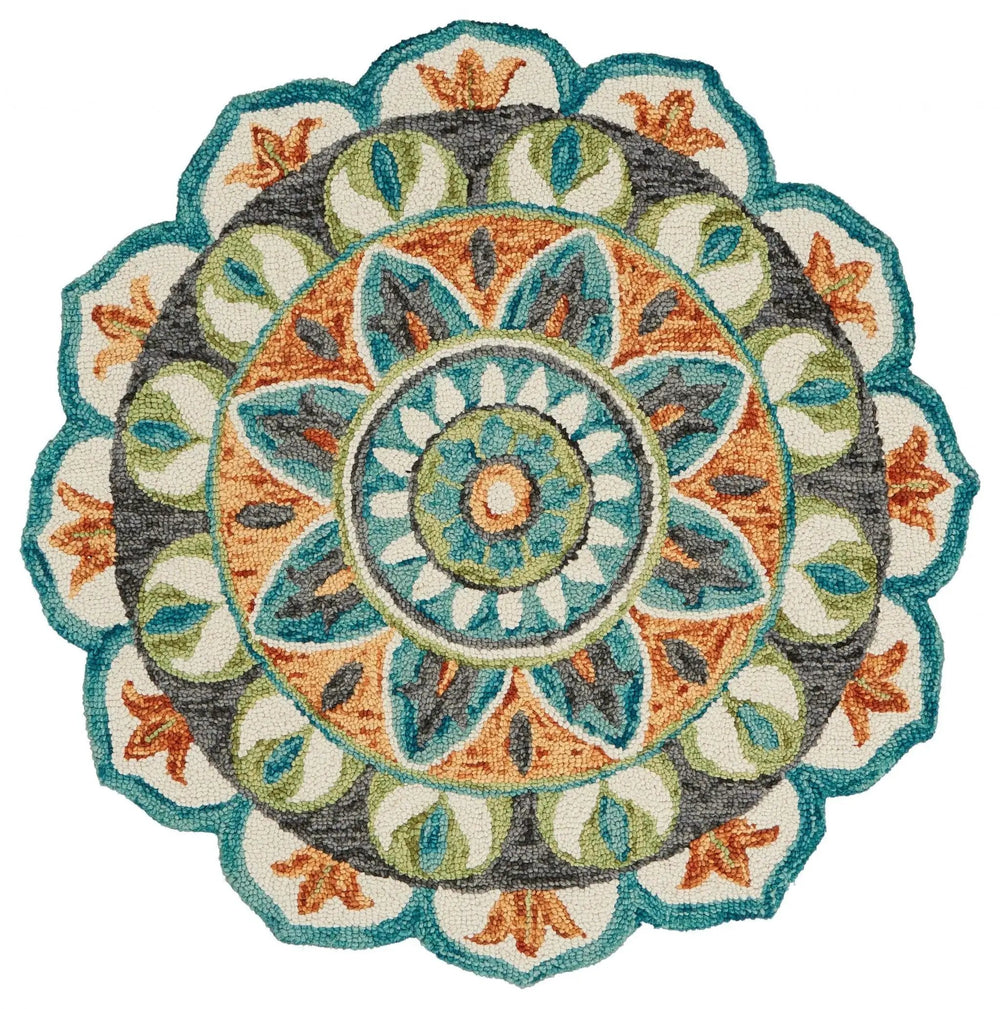 6' Blue And Green Round Wool Geometric Hand Tufted Area Rug - Homeroots