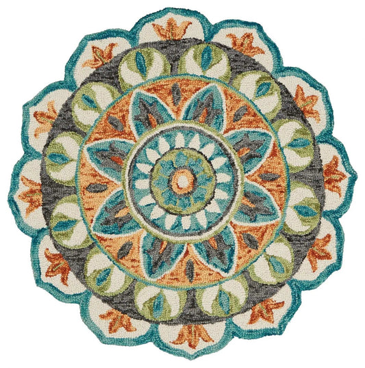 6' Blue And Green Round Wool Geometric Hand Tufted Area Rug - Homeroots - Flyclothing LLC