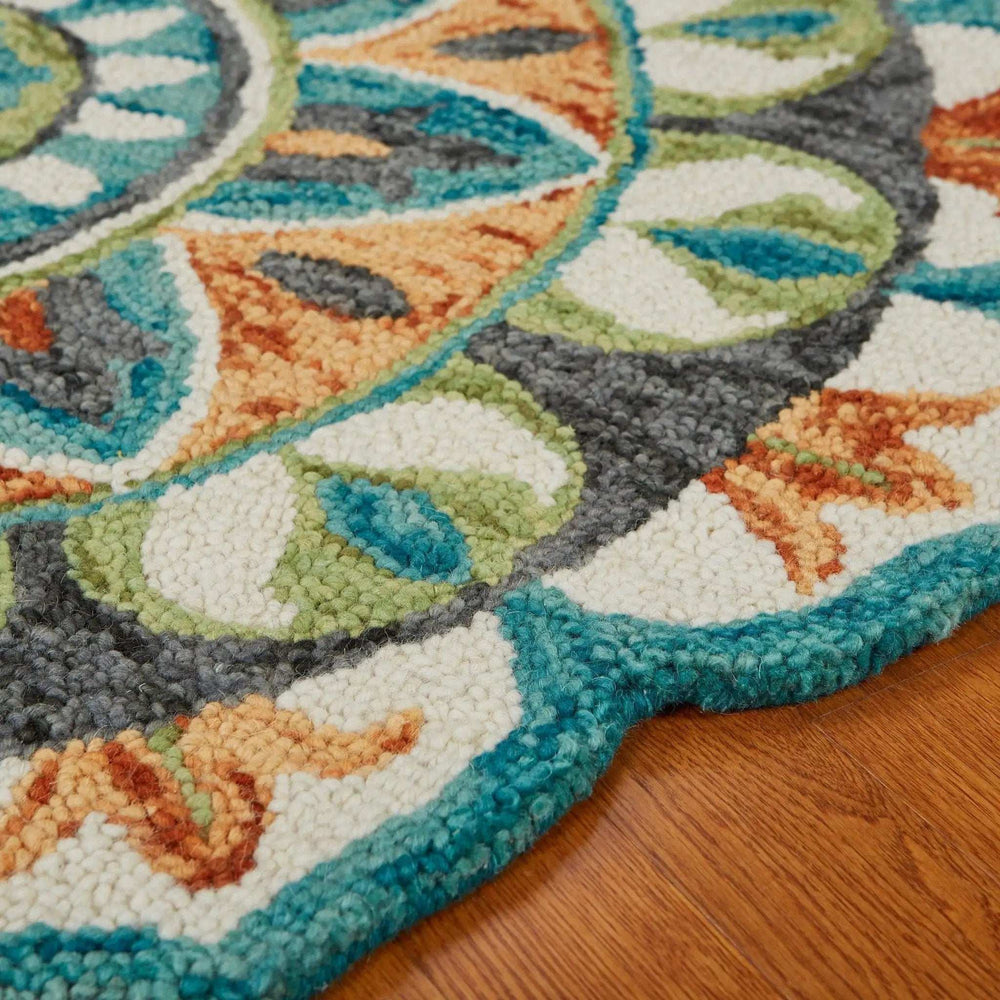 6' Blue And Green Round Wool Geometric Hand Tufted Area Rug - Homeroots - Flyclothing LLC