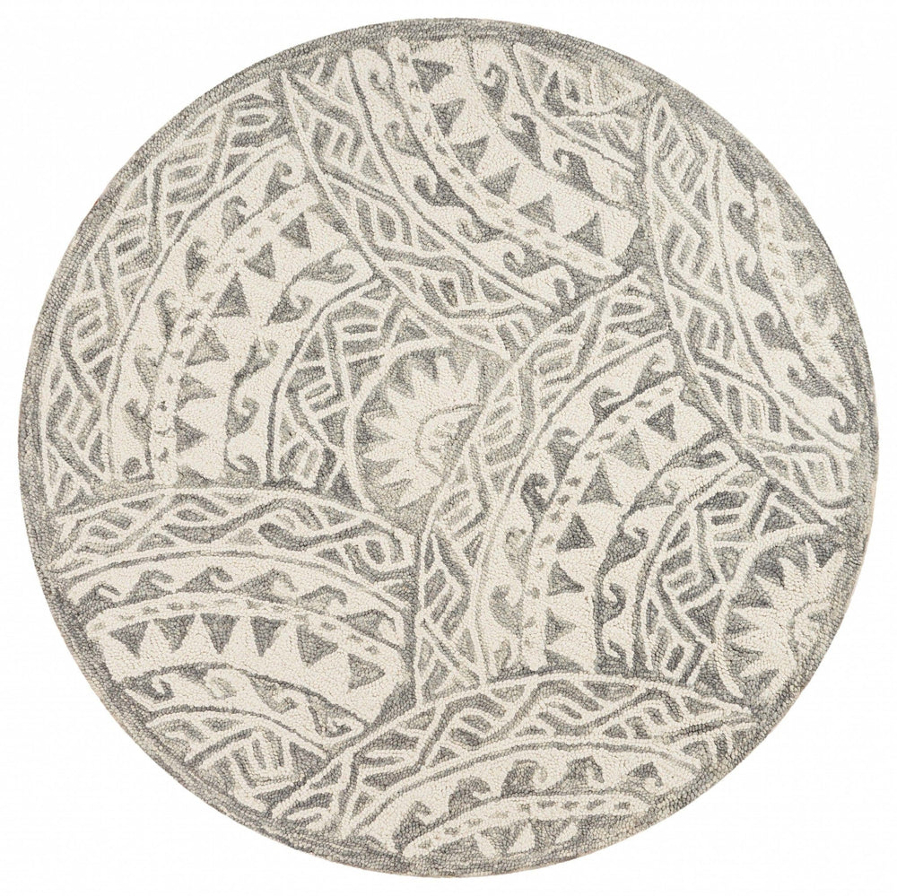 6' Gray Round Wool Geometric Hand Tufted Area Rug - Homeroots