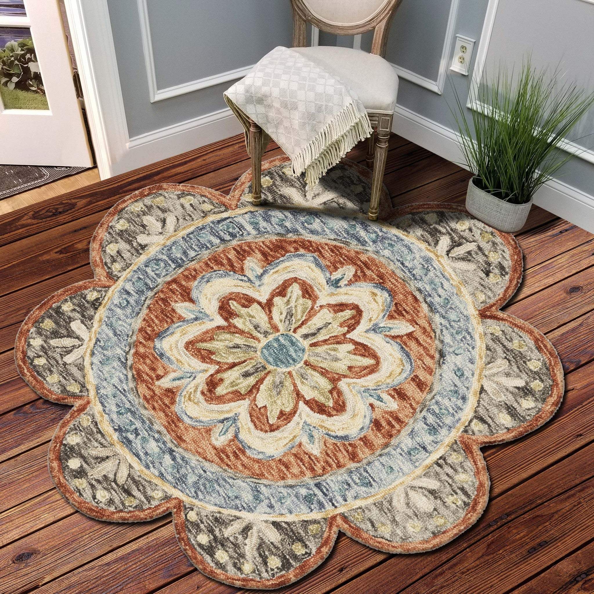 4' Round Orange Scalloped Edge Area Rug - Homeroots - Flyclothing LLC