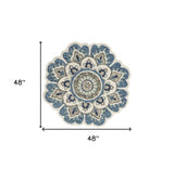 4' Blue and Cream Round Wool Floral Medallion Hand Tufted Area Rug - Homeroots