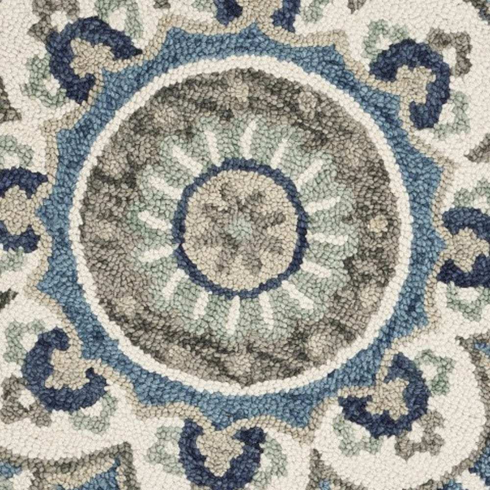 4' Blue and Cream Round Wool Floral Medallion Hand Tufted Area Rug - Homeroots - Flyclothing LLC