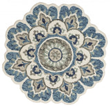 4' Blue and Cream Round Wool Floral Medallion Hand Tufted Area Rug - Homeroots