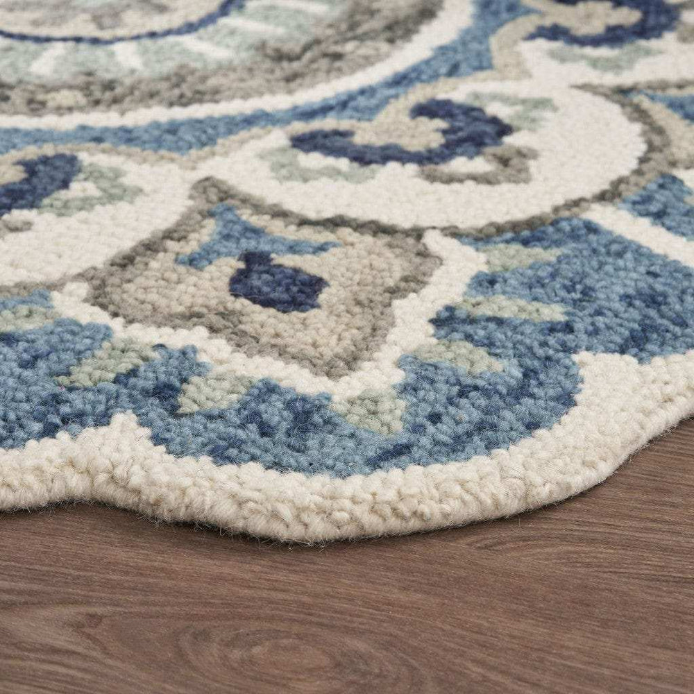 4' Blue and Cream Round Wool Floral Medallion Hand Tufted Area Rug - Homeroots - Flyclothing LLC