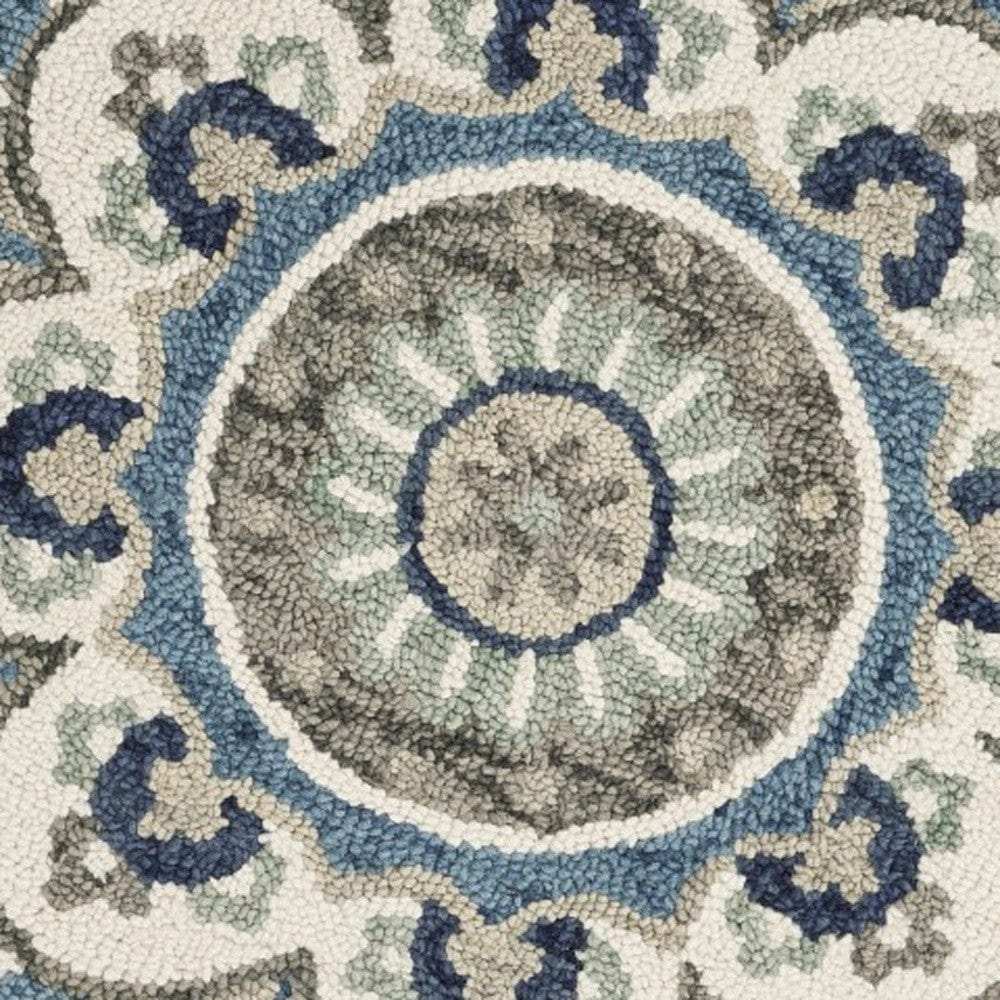4' Blue and Cream Round Wool Floral Medallion Hand Tufted Area Rug - Homeroots - Flyclothing LLC
