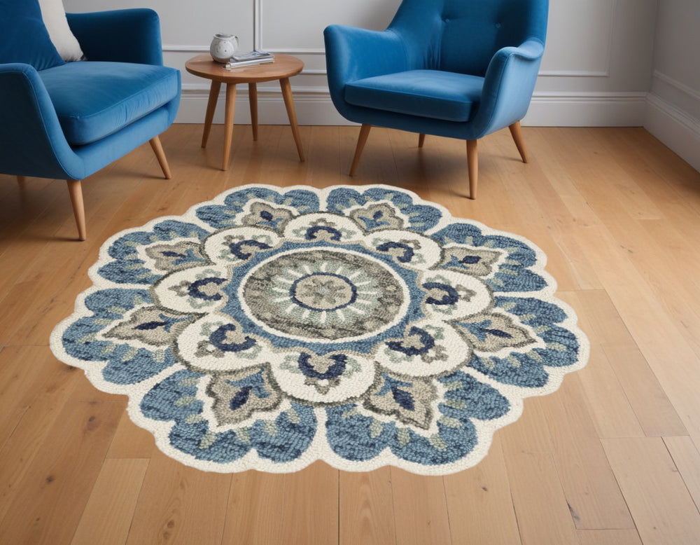 6' Ivory Teal Blue and Green Wool Hand Tufted Round Rug - Homeroots