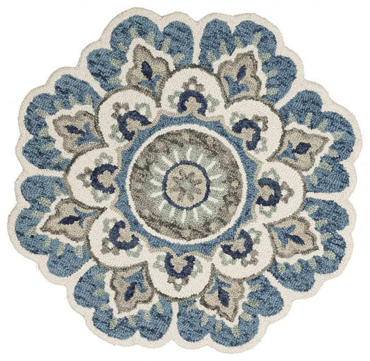 6' Ivory Teal Blue and Green Wool Hand Tufted Round Rug - Homeroots - Flyclothing LLC