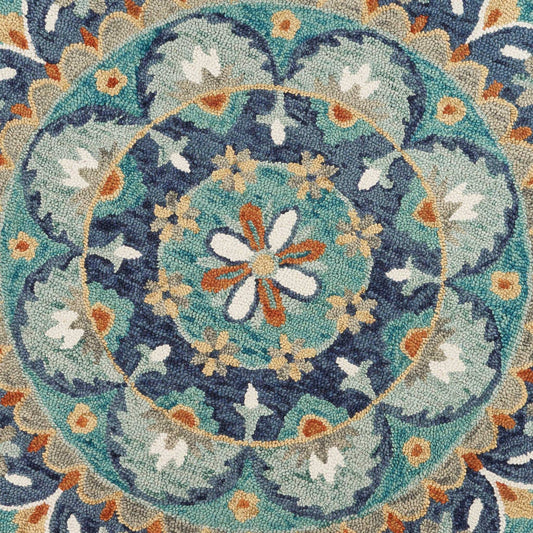 6' Blue And Green Round Wool Floral Hand Tufted Area Rug - Homeroots - Flyclothing LLC