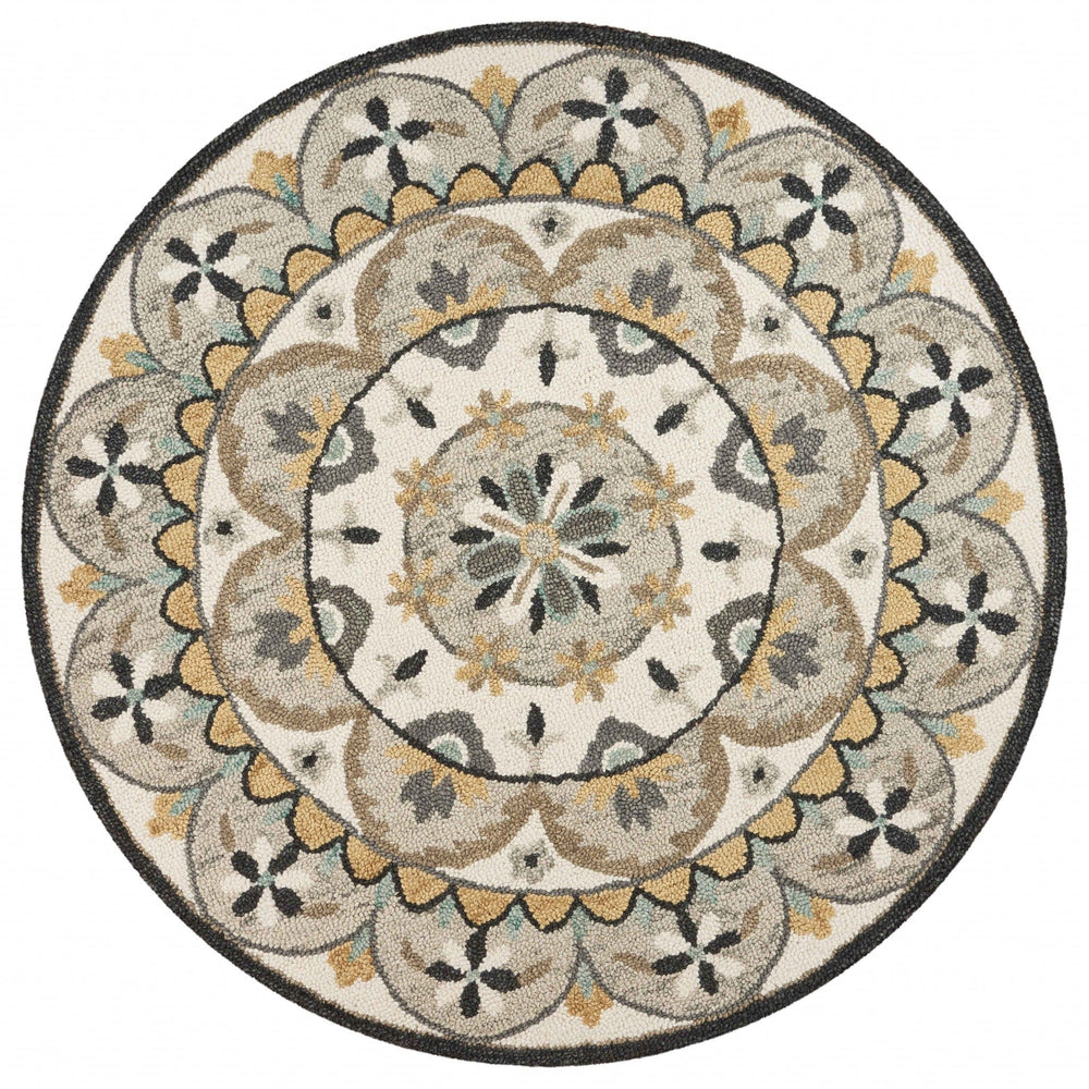 4' Round Gray And Ivory Floral Bloom Area Rug - Homeroots