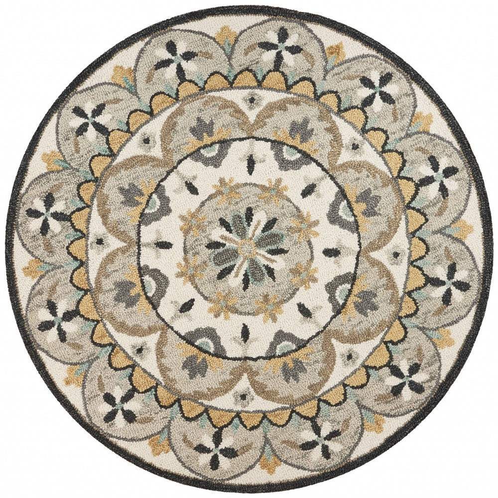 6' Gray and Ivory Round Wool Floral Handmade Area Rug - Homeroots - Flyclothing LLC