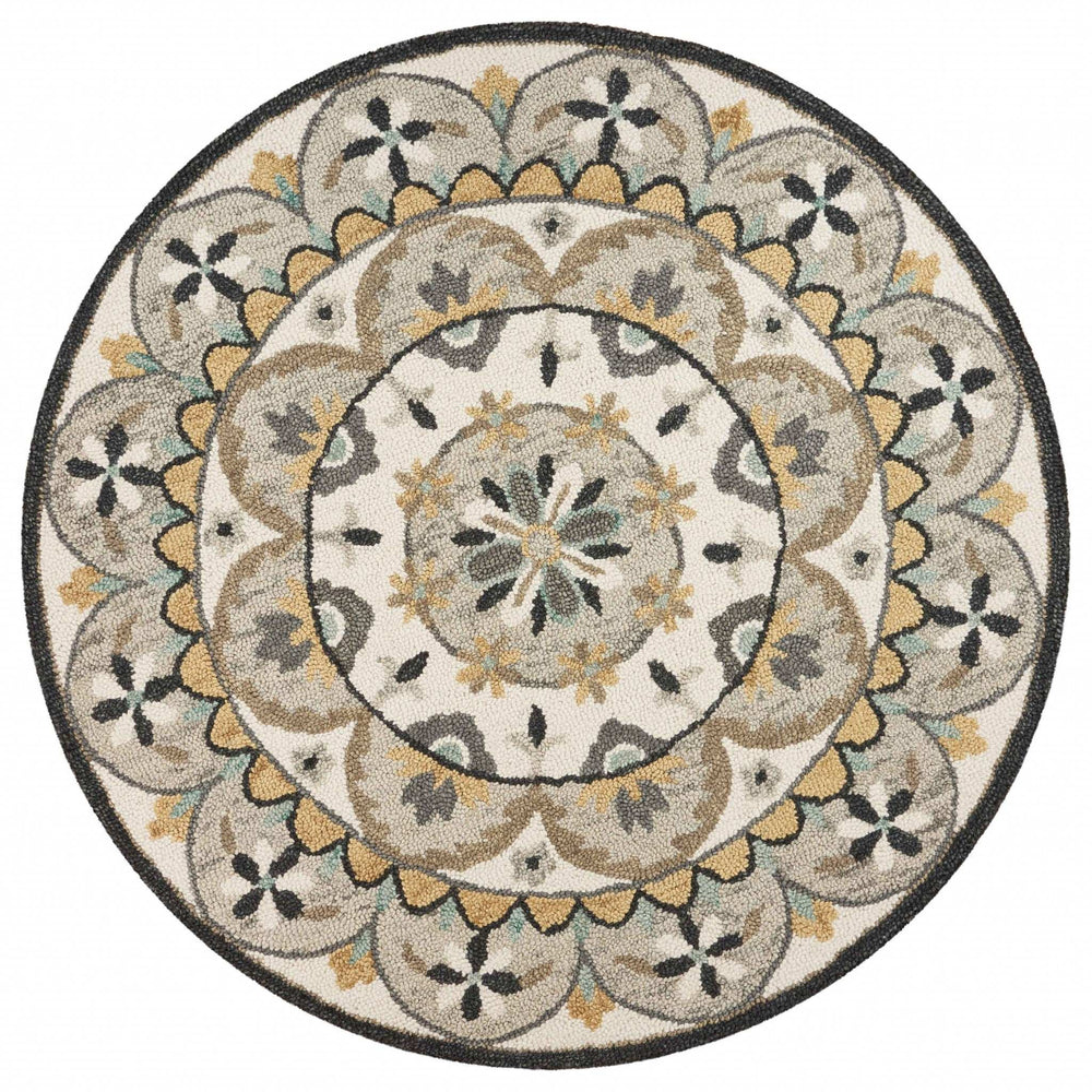 6' Gray and Ivory Round Wool Floral Handmade Area Rug - Homeroots - Flyclothing LLC