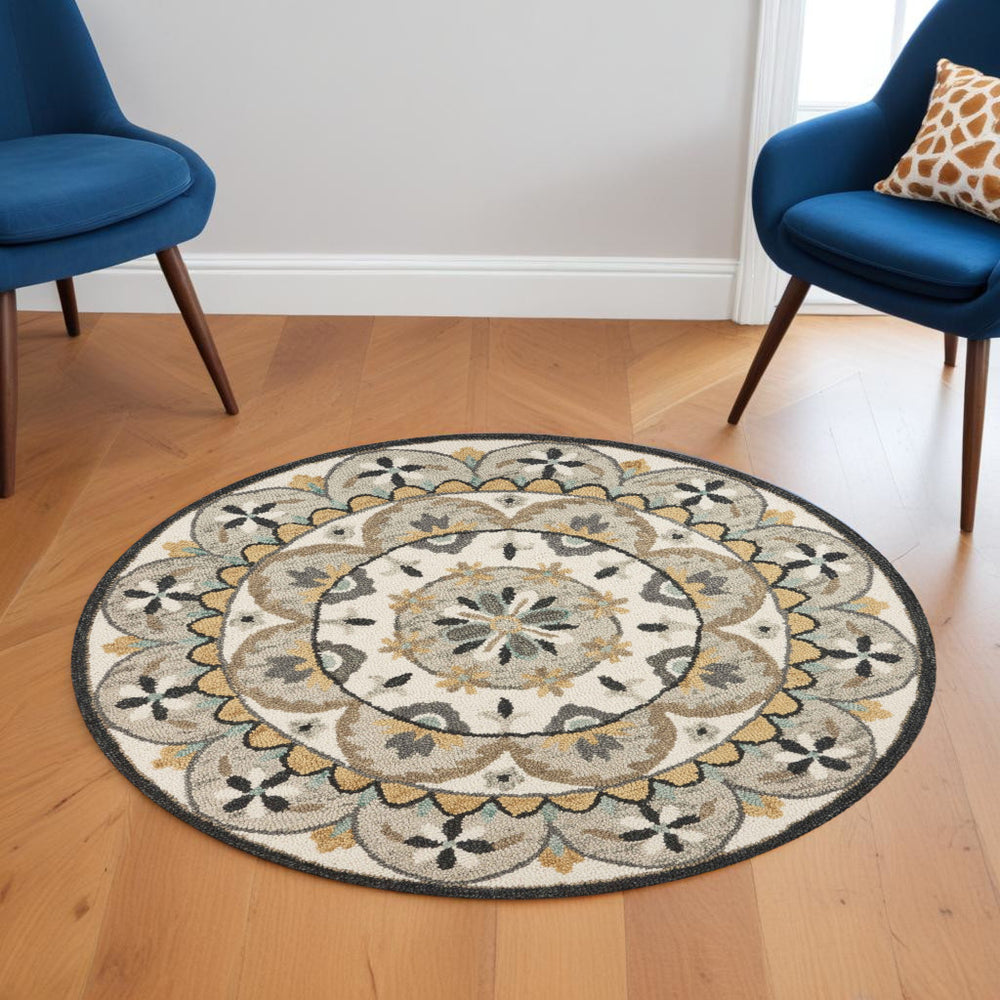 6' Gray and Ivory Round Wool Floral Handmade Area Rug - Homeroots